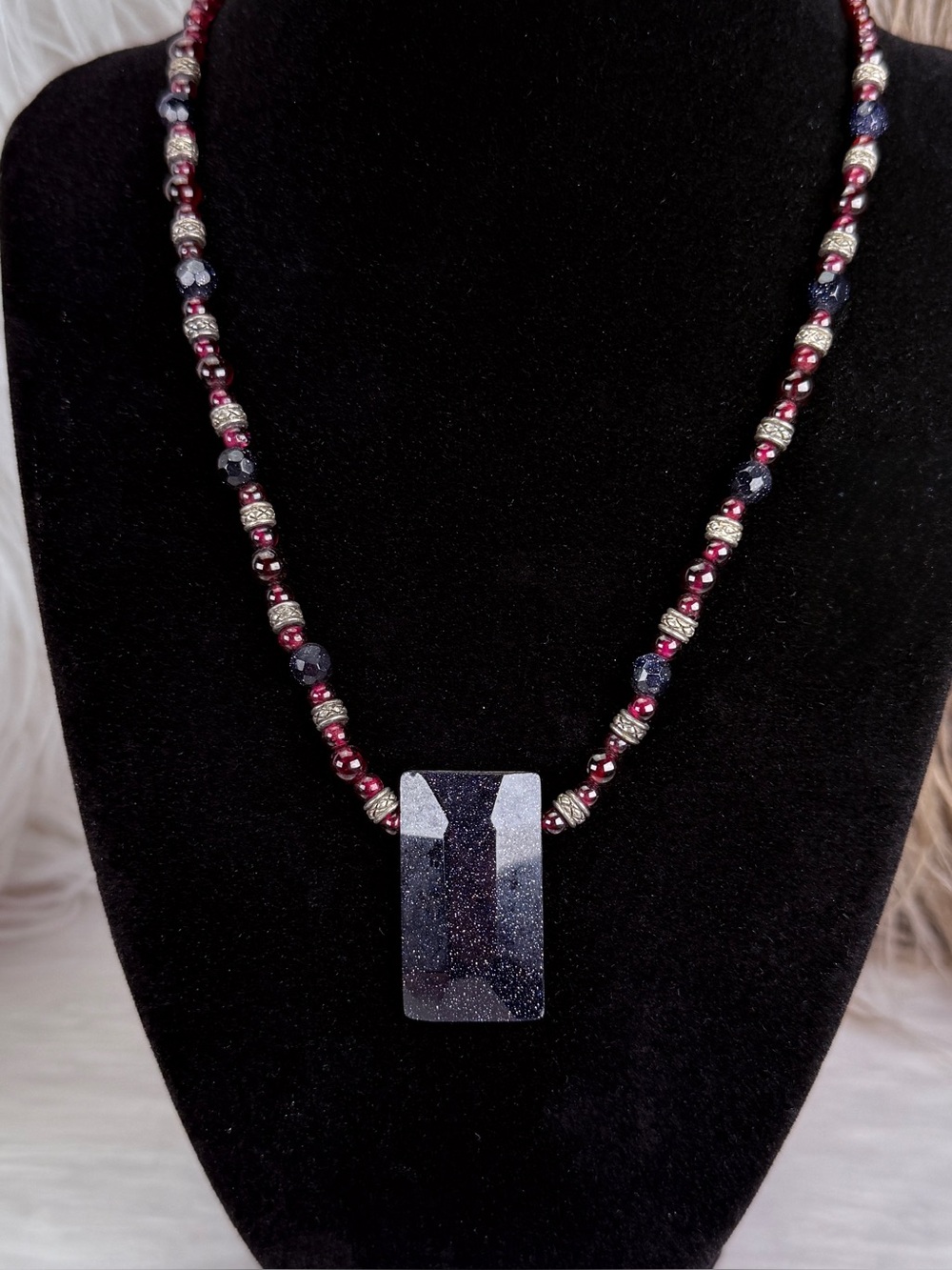 Vintage 925 Blue Goldstone Pendant Beaded Necklace Materials
